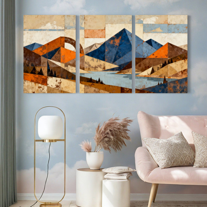 Tableau abstrait sur toile tendue, paysage de montagne géométrique (ensemble de 3), H 24 po x l 48 po