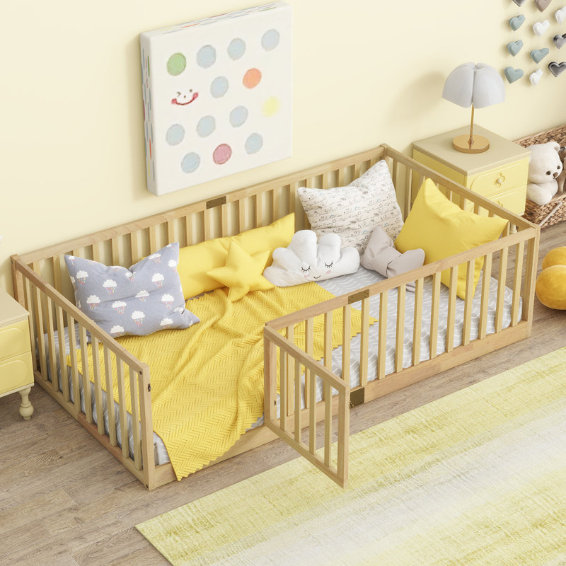 Kids Floor Bed With High Fence And Lockable Door Solid Wood Platforms Standard Bed, Natural, Twin