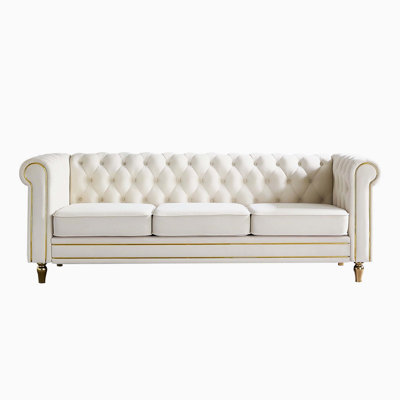 Button Tufted Roll Arm Velvet Chesterfield Three Seater Upholstered Sofa For Traditional Living Room Decor