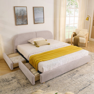 Structure de lit tapissier pour grand lit avec tête de lit courbée, support de pieds robuste et rangement à roulettes - Style minimaliste moderne