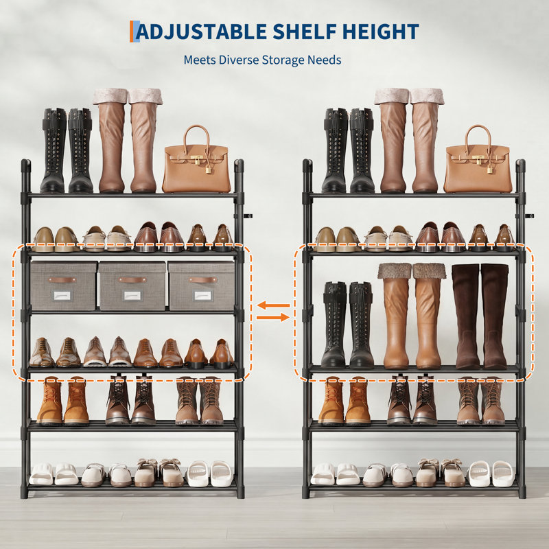 6-Tier Shoe Rack 32-40 Pairs Capacity 43.3"H Flexible Storage Organizer Shelf Tool-Free Black Metal for Entryway Closet