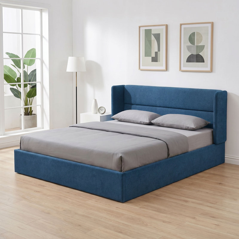 Lit plateforme tapissier avec rangement Gaillarde, Bleu pierre, Très grand