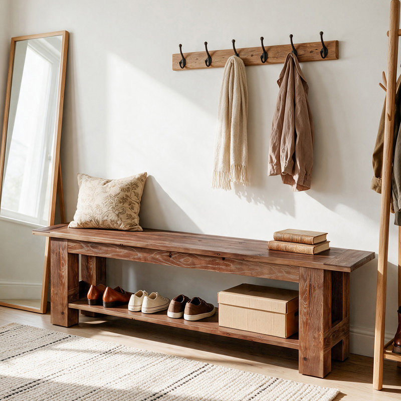Solid Wood Entryway Bench, 70.9'' Rustic Extra Long Bench with Shoe Storage