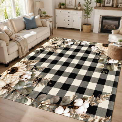 Tapis en coton à carreaux Buffalo et tournesols (1 pièce), style champêtre, bohème chic vintage, lavable, antidérapant, grande surface fine idéale pour le salon, la chambre, la cuisine et l'entrée.