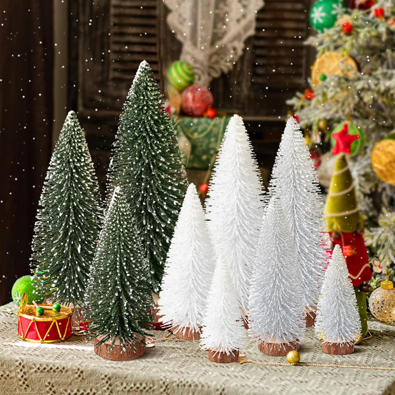 9 pièces de sapin de Noël en forme de brosse en 4 tailles - vert, argent, décorations de table blanches