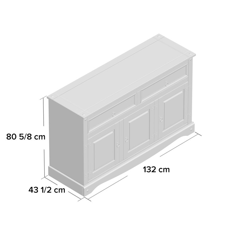 Hamptonburgh 2 Drawer, 3 Door Sideboard, 2 drawer Solid Pine, Corona Design, Grey