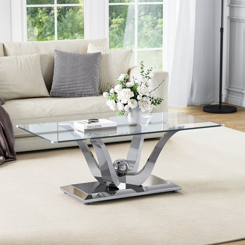47" Rectangular Glass Coffee Table, 0.39" Thick Tempered Glass And Stainless Steel Floral Base, Silver