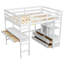 Lit mezzanine double avec bureau intégré, tiroirs et tablettes de rangement, blanc