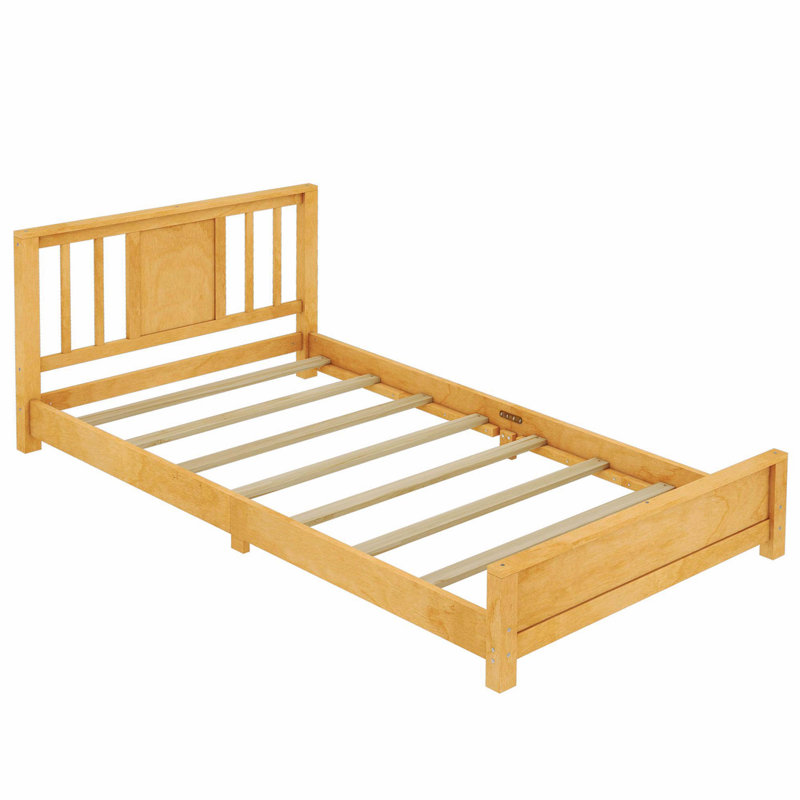 Structure de lit plateforme simple en bois massif avec tête de lit, lit de plancher à profil bas avec lattes de soutien, naturel