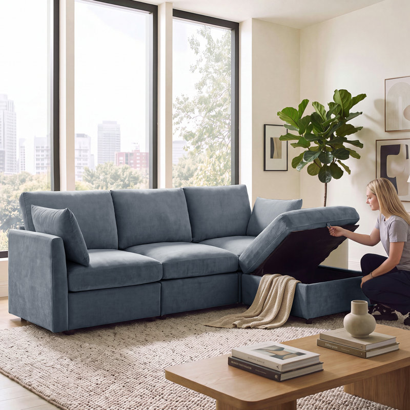 Canapé modulaire réversible avec repose-pieds 4 pièces Sarang, Gris chenille