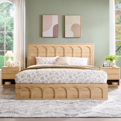Modern King Bed Frame With 4 Large Drawers & 52"  Tall Arched Recessed Headboard, Wood Platform Bed With Solid Wood Slats Support, No Box Spring Needed