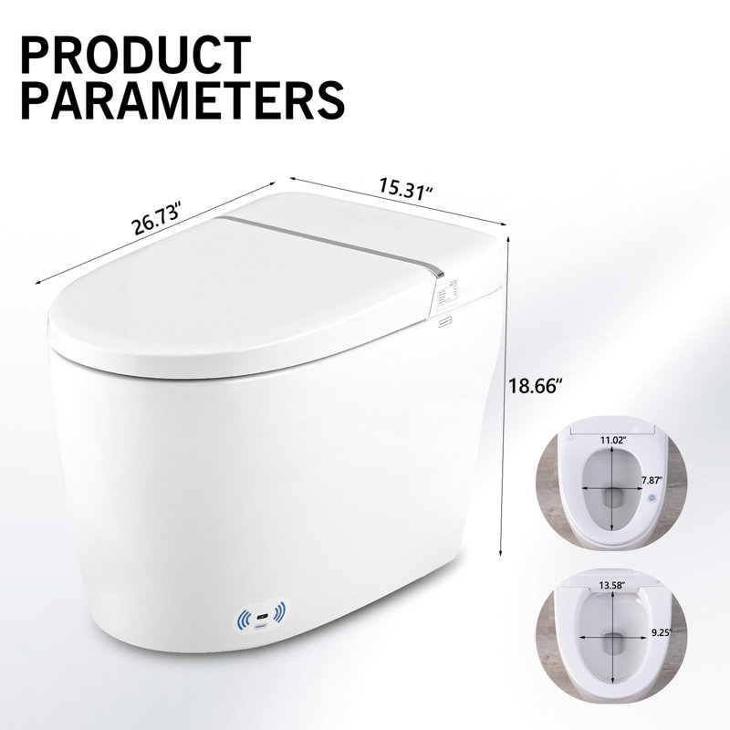Smart Toilet Bidet With Self-Cleaning Nozzle, Heated Seat, Night , Knob Flush, Blackout Flushing, Silent Slow Descent, Soft Close, Auto 3 Temperature Settings, White Side Remote Control, Down, Options