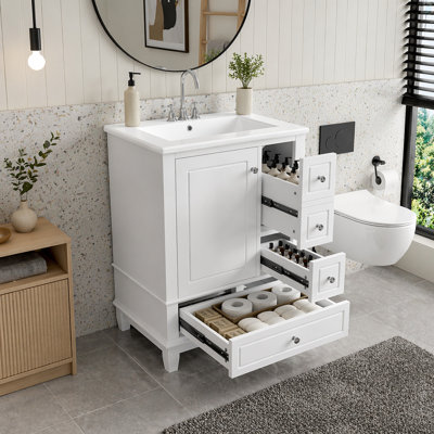Meuble-lavabo 24 po avec lavabo et tiroirs, meuble-lavabo autoportant avec plateau en céramique et tablettes de rangement, panneau de fibres à densité moyenne et base en bois massif, meuble-lavabo moderne pour les petites salles de bain