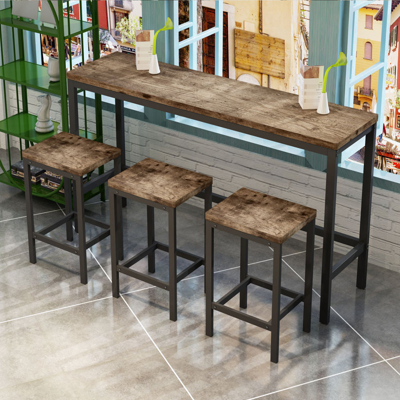 Long Dining Table Set with 3 Stools, Natural