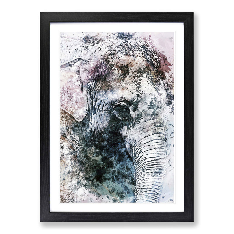 Graceful Elephant Portrait in Abstract - Picture Frame Painting Print, 87cm H x 62cm W x 2cm D, Black Framed