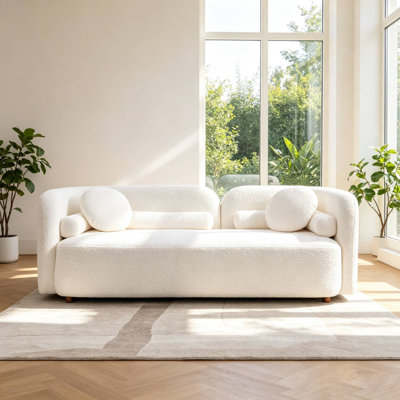 Canapé 3 places moderne incurvé en tissu bouclé, 89 pouces, avec 4 coussins