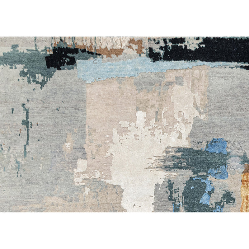 Hand Knotted Abstract Area Rug in Beige/Black/Blue, Rectangle 8' x 10'