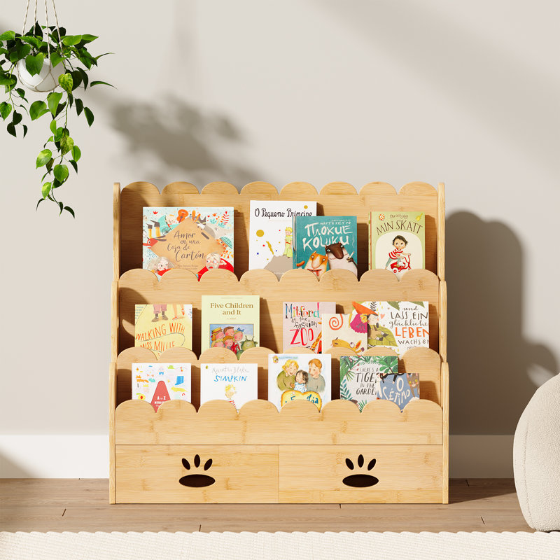 Bibliothèque pour enfants à 3 niveaux avec tiroirs Montessori, Chêne