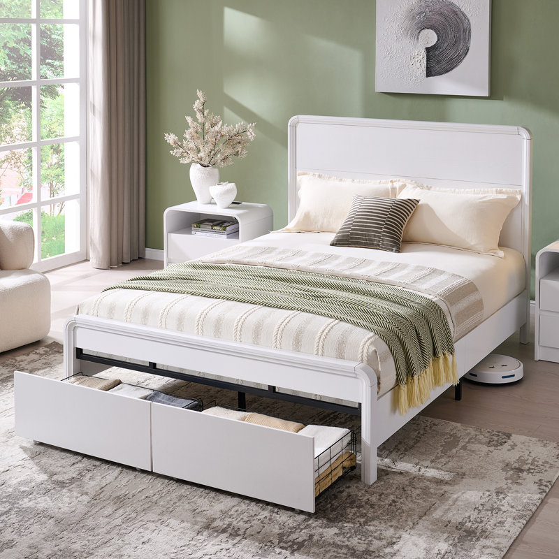 Maud Modern Queen Size Bed Frame with 50" Tall Headboard, Wood Platform Bed Frame with 18.86" Tall Curve Design Decoration Footboard & 2 Large Storage Drawers, No Box Spring Needed