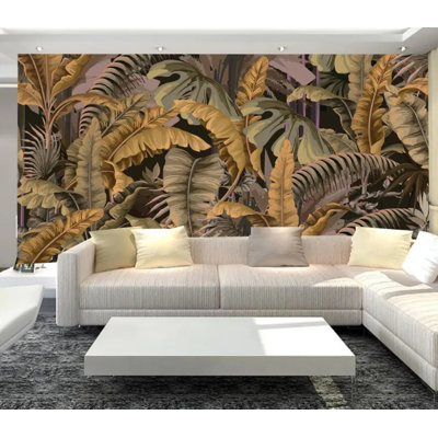 Dark Vintage Tropical Banana Monstera Leaf Wall Mural Gold Brown Botanical Panoramic Large Format Dramatic Accent Wall Art