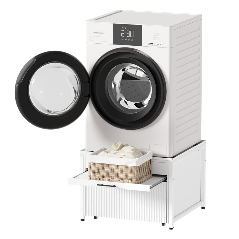 Le socle de laveuse-sécheuse Universal Universal de 29 po comprend un panier à linge intégré, une tablette et un tiroir avec roues, un système anti-vibration, un bac de vidange et un tuyau pour une installation sans effort