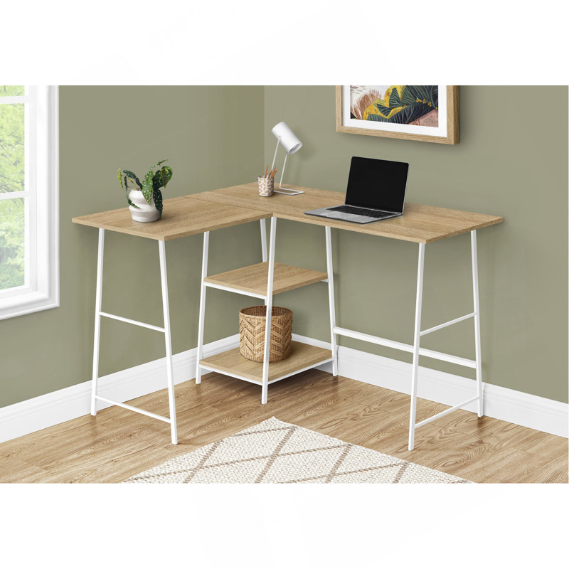 Computer Desk, Home Office, Corner, Storage Shelves, L Shape, Work, Laptop, Metal, Natural/White