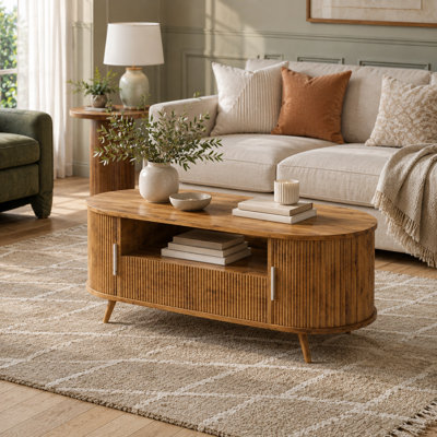 Oval Coffee Table with Drawer, Fluted Sliding Door, Open Shelf Storage