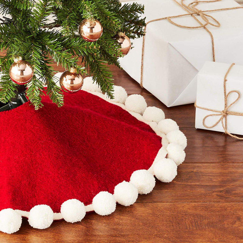 Labs Mini Christmas Tree Skirt - Pom Poms on Red - in Hand Felted Wool - 26"