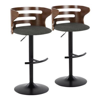 Mid-Century Modern Adjustable Barstool With Swivel In Black Metal, Walnut Wood And Charcoal Fabric With Rounded T Footrest By  - Set Of 2