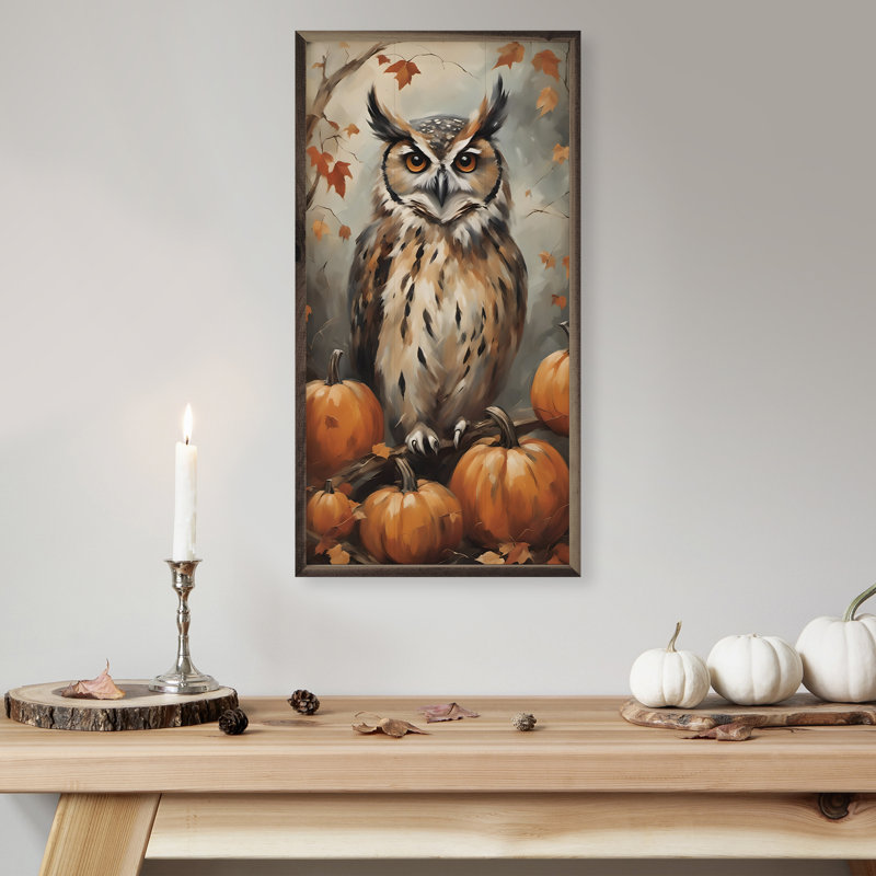 «Hibou avec citrouilles» sur bois, H 16 po x l 8 po x P 1,26 po