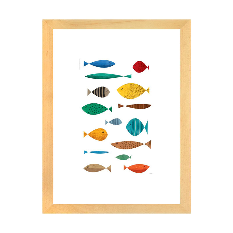 Poisson - imprimé, Blanc, H 24 po x l 16 po x P 1 po, Papier avec cadre beige