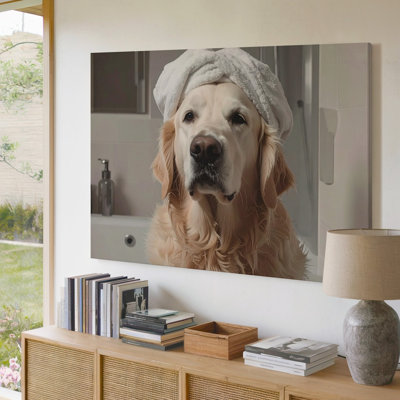Reproduction d'art sur toile Golden Retriever avec une serviette enroulée autour de sa tête