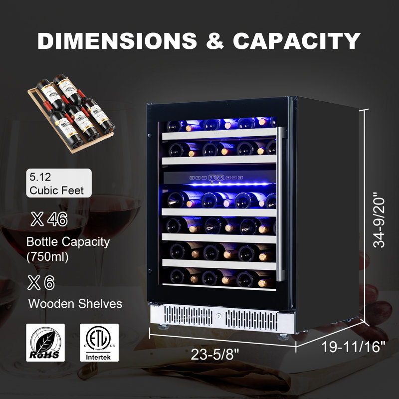 Wine Fridge 24 Inch, 46 Bottles Wine Refrigerator Cooler With Temperature Memory & Touchscreen Design, Double UV Glass Door And Removable Shelves, Built-in/freestanding, For Home