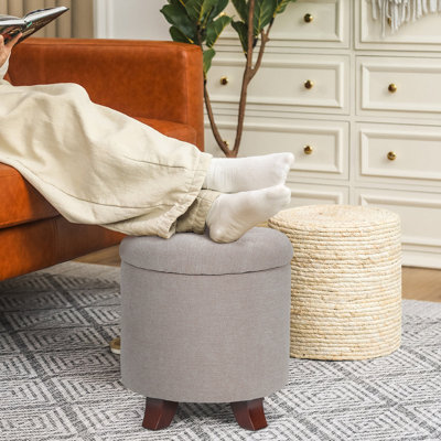 Storage Ottoman With Padded Seat, Modern Cotton-Linen Footrest, Round Stool For Living Room Bedroom
