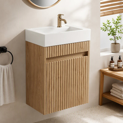 [Viedo]15.7" Floating Bathroom Vanity with Reversible SMC Sink, Wave-Front MDF Cabinet, Handleless Push-to-Open Design, Soft-Close Hinges