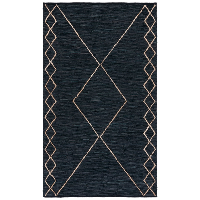 Anainah Vintage Leather Hand Woven Leather/Jute/Cotton Geometric Rug in Black/Natural, Rectangle 5' x 8'
