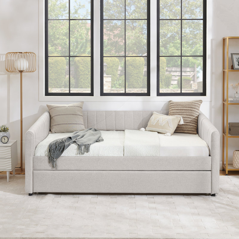 Daybed with trundle - upholstered sofa bed, vertical stripes, linen fabric, Beige, Full