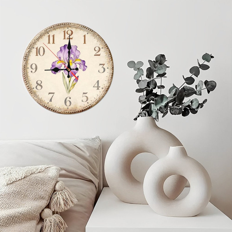 10" Round Wooden Wall Clock, Silent Quartz Movement, UV-Printed Design, Battery Operated, Iris