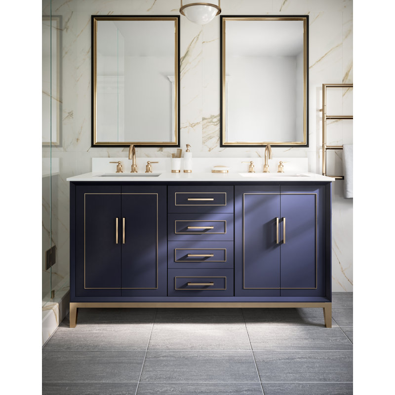 Gracie 60'' Double Bathroom Vanity with Top, White Quartz, Pacific Blue