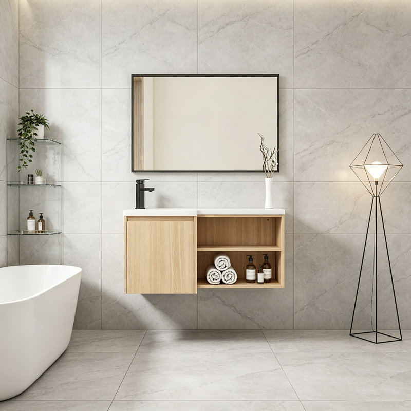 Meuble-lavabo de coin flottant de 36 po avec lavabo intégré en gel enduit de résine, meuble-lavabo mural en forme de L, finition chêne clair, porte à fermeture en douceur et tablettes ouvertes, meuble-lavabo moderne peu encombrant (livré dans 2 boîtes)