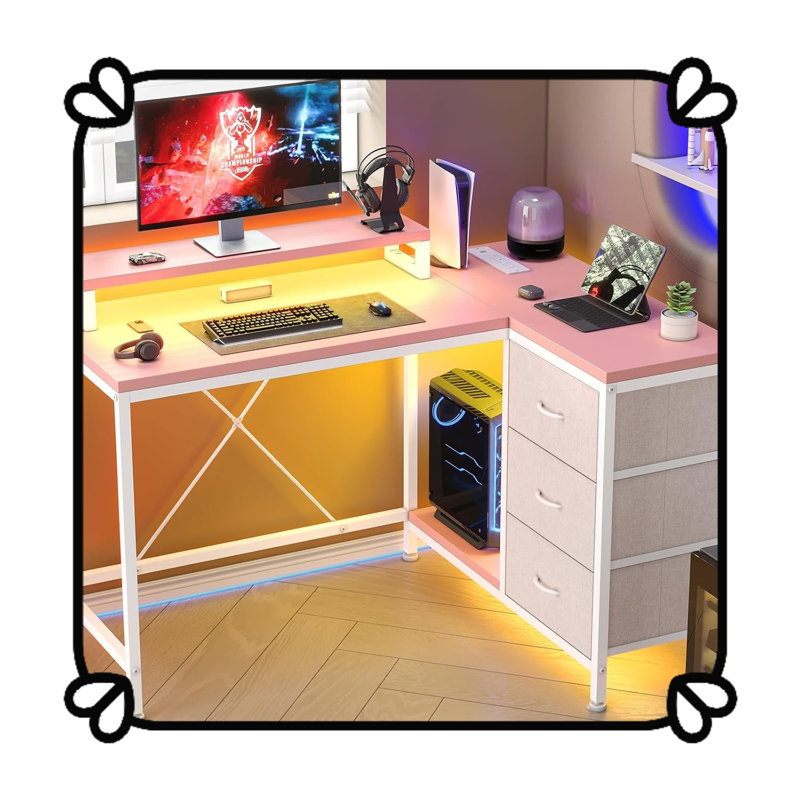 Bureau d'ordinateur ergonomique en forme de L avec 4 prises de courant, 2 ports USB, 7 lumières DEL, support amovible, tiroirs et bibliothèque