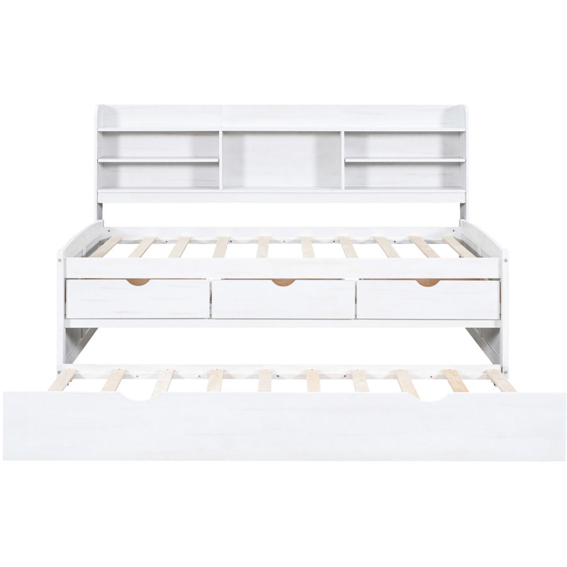 Lit simple en bois blanc délavé avec tête de lit bibliothèque intégrée, 3 grands tiroirs et bibliothèque à livres, Blanchies