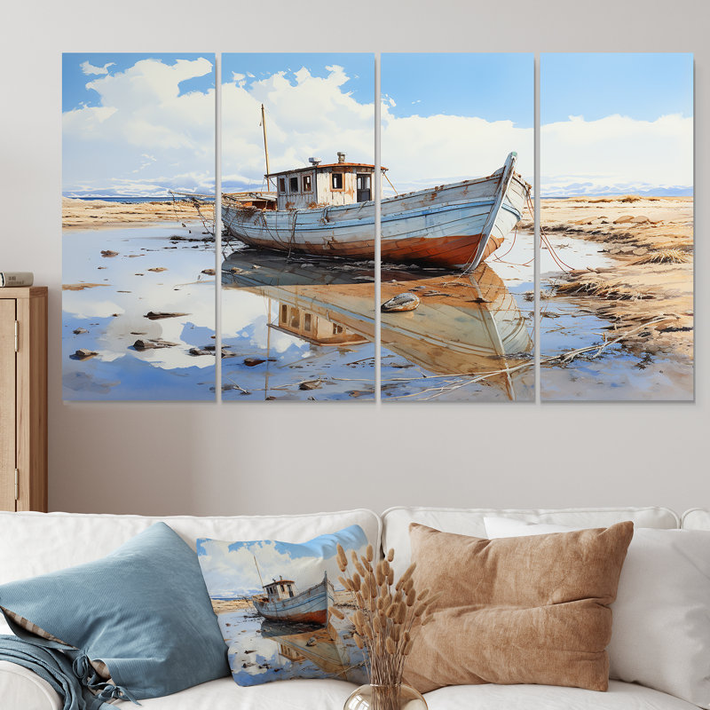 Rouge et blanc, bateau de pêche d'hiver Tranquility IV - Minimalisme, 4 pièces d'art mural, H 28 po x l 48 po