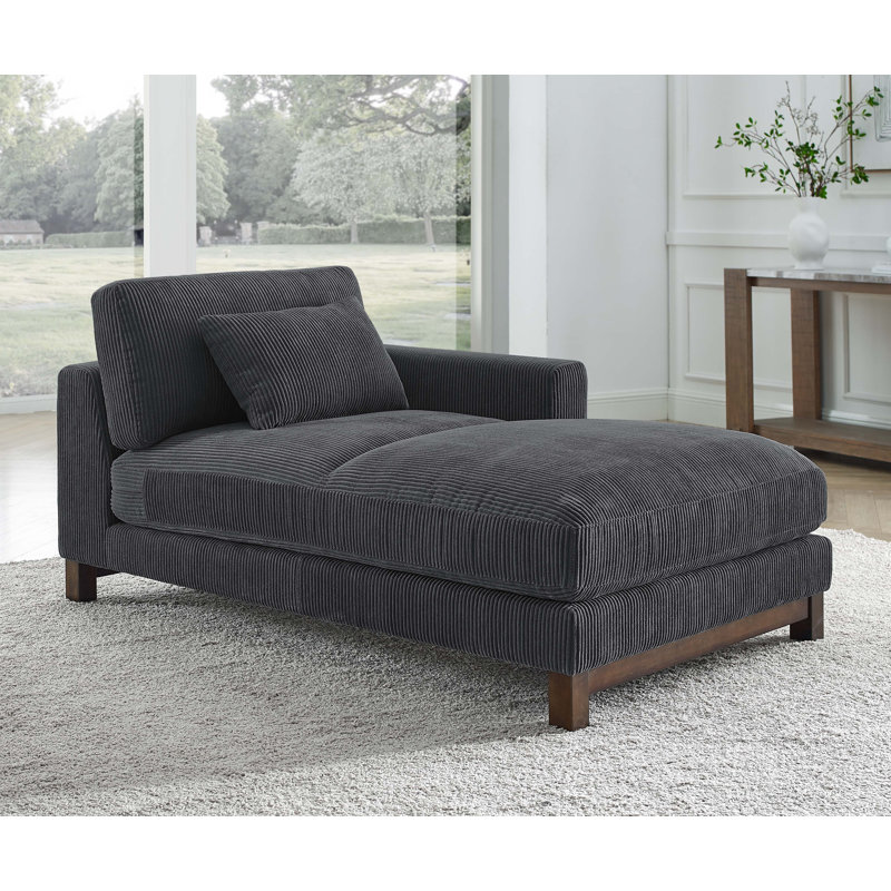 Chaise longue rembourrée Jadda, Velours côtelé gris foncé, Accoudoir à droite (vu de face)