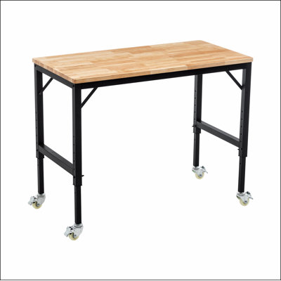 Établi robuste et réglable de 48 po pour le garage, table d'atelier en bois d'hévéa avec roues en métal, poste de travail en bois franc, capacité de poids de plus de 2 000 lb avec roues