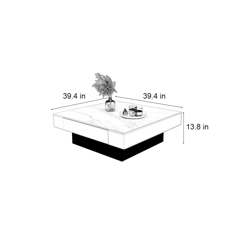 Italian light luxury square stone coffee table, 13.8" H x 39.4" L x 39.4" W, White