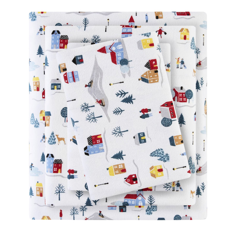 Drap-housse complet 4 pièces avec flanelle 100% coton blanc, ultra doux et réconfortant, contient un drap plat, 2 taies d'oreiller ajustées, impression lavable à la machine, confort douillet, inclus
