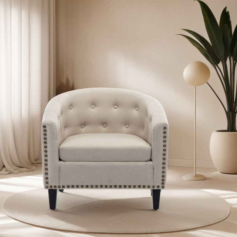 Fauteuil demi-tonneau touffeté, Tissu tan