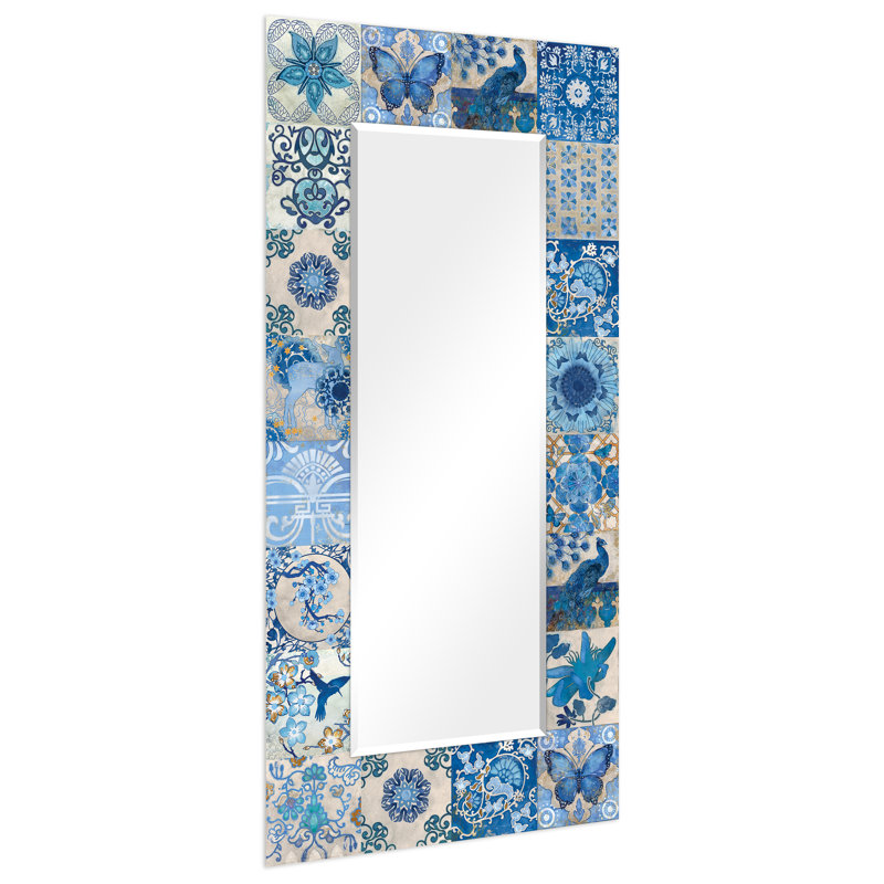 "Blue & White Tiles" Rectangular Beveled Mirror on Free Floating Reverse Printed Tempered Art Glass