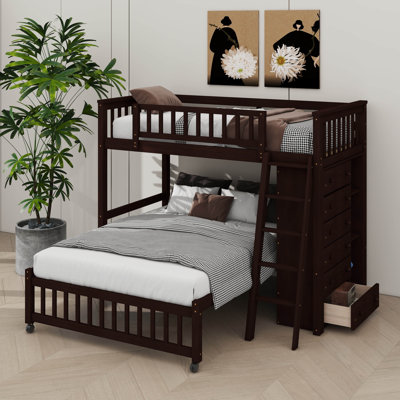 Twin Over Full Wood Bunk Beds, Bunk Beds With Six Drawers And Flexible Shelves, Full-Length Guardrail